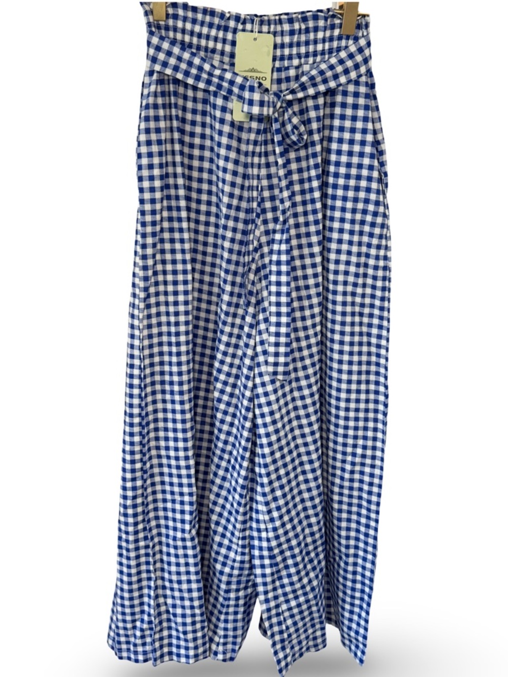 💙🤍💙 Blue and White Gingham Wide Leg Tie-Waist Culotte Capri Flowy Gaucho - Picture 7 of 7